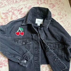 Forever 21 Black Denim Jacket with Cherry Embroidery